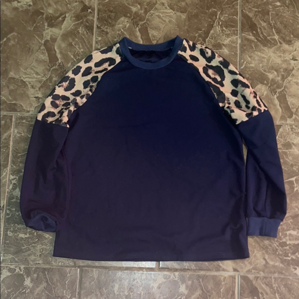 Navy Blue Leopard Print Long Sleeve Top